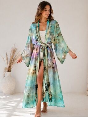 Mavamo hand dyed kimono style duster Boho chic resort festival beach